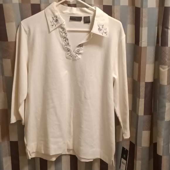 FINAL PRICE NWT relativity off white/bone 3/4 sleeve v-neck blouse w embroidery - Picture 3 of 4